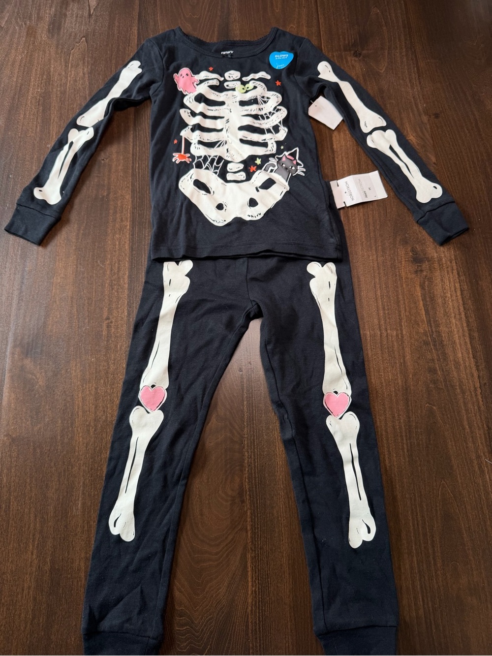 Carter's Black Skeleton Pajama Set with Pink Heart Details